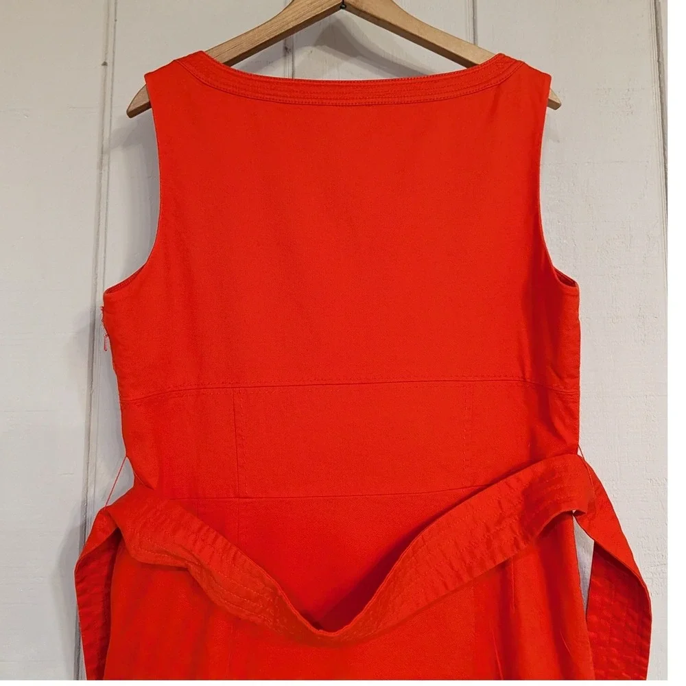 Tory Burch Orange‎ Red Cotton Belted Sheath Dress Square Neck Pockets